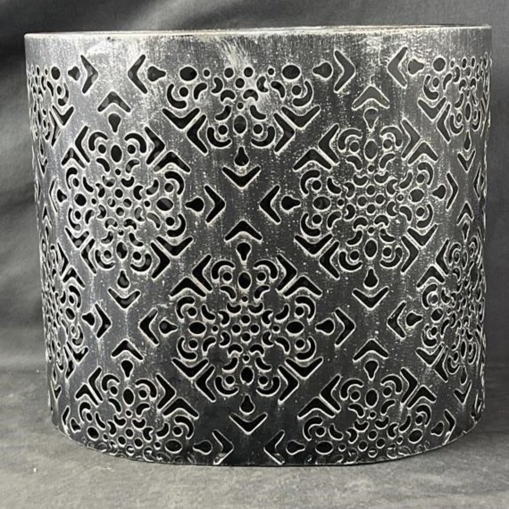 Filigree Silver Metal Cutout Medallion Oval Wastebasket Decorative Bin 9in